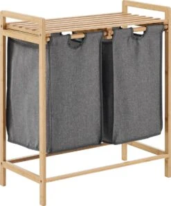 ACAZA Wasmand - Wassorteerder Met 2 Uitschuifbare Waszakken - Stof / Bamboe - Grijs -Leifheit Store 995x1200 2
